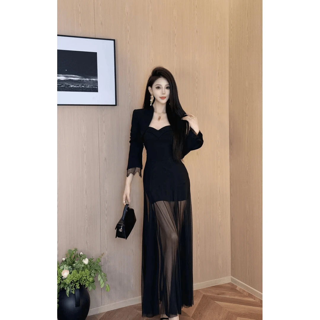 御姐气质网纱拼接黑色吊带连衣裙短款外套两件套女3194