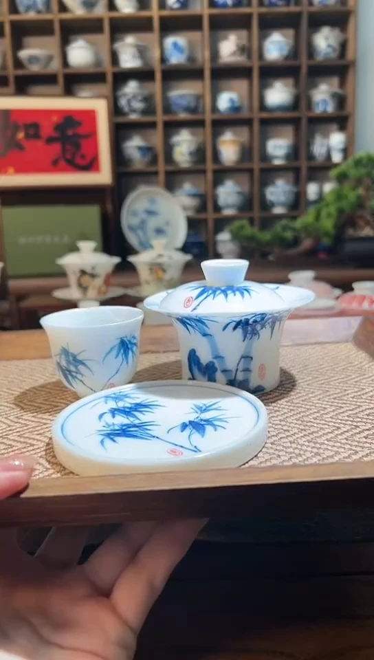 【闪购商品】手绘竹子马蹄盖碗+主人杯+盖置