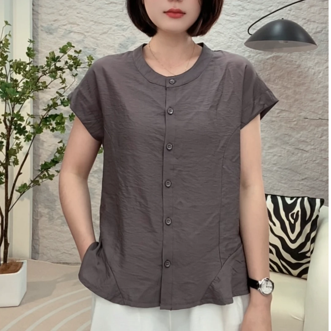 2025夏季新天丝麻圆领纯色拼接设计感薄款舒适短袖衬衣女上衣