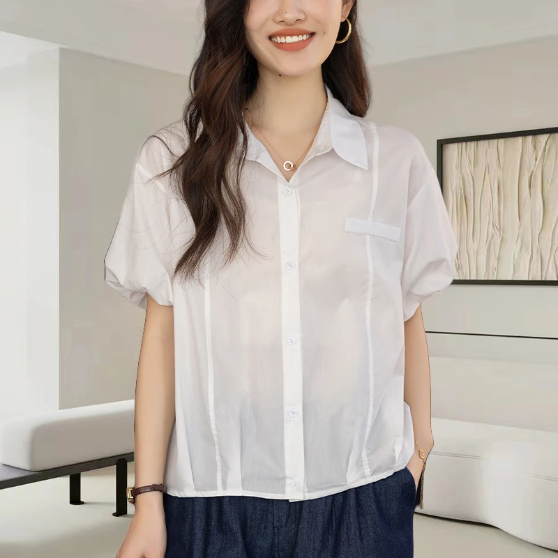白色翻领短袖衬衫女士2025夏季新款时尚减龄宽松显瘦休闲百搭上衣
