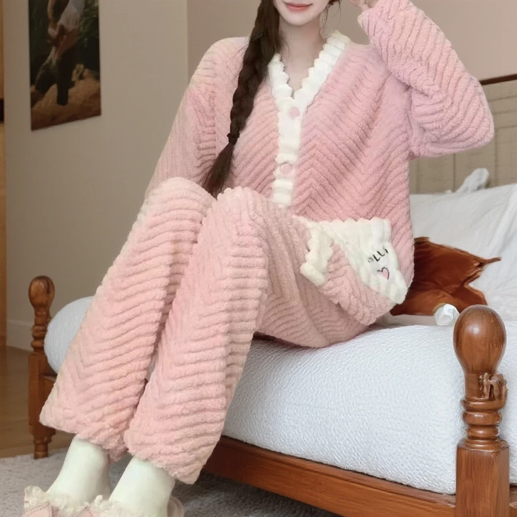 【小妹轻奢女装】秋冬保暖舒适长袖睡衣毛绒甜美家居服套装2991