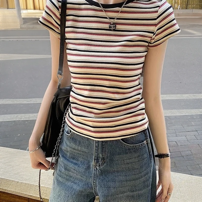 法式复古百搭修身短袖T恤女夏季韩版圆领撞色条纹高级感短款上衣