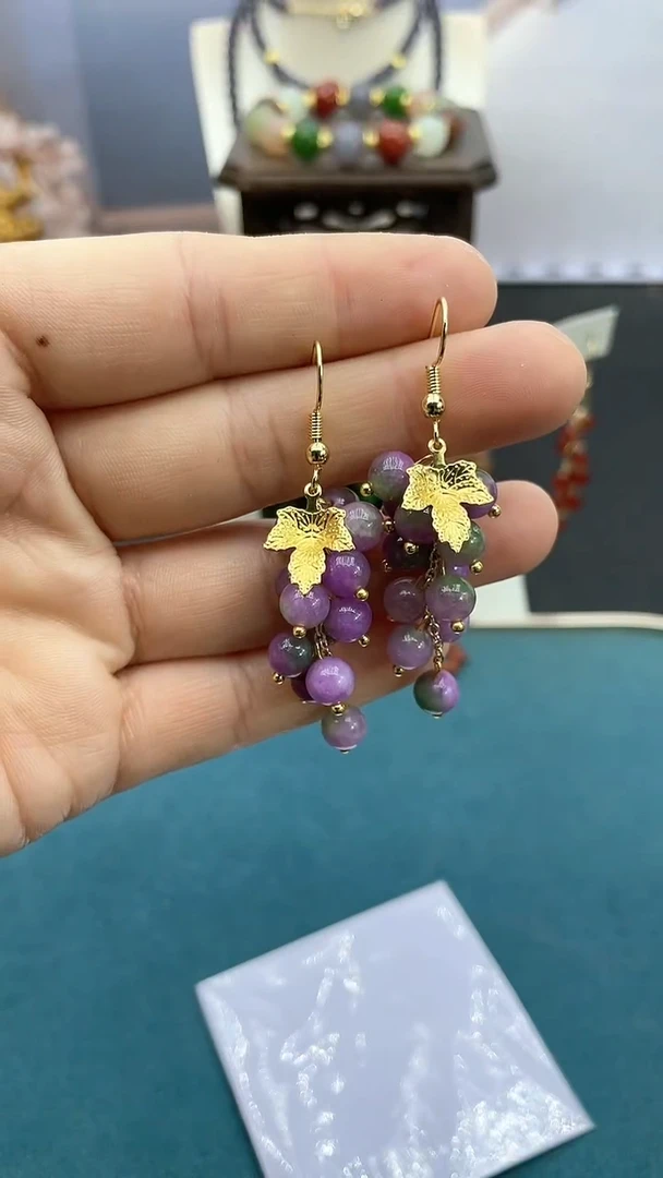 【闪购商品】翡翠耳饰14K金镶嵌春彩葡萄耳钩