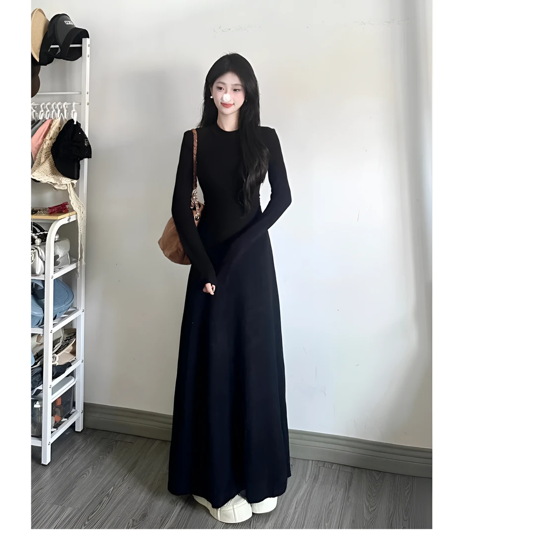 加绒韩风圆领长袖打底女连衣裙气质前后不开破修身内搭长裙2216