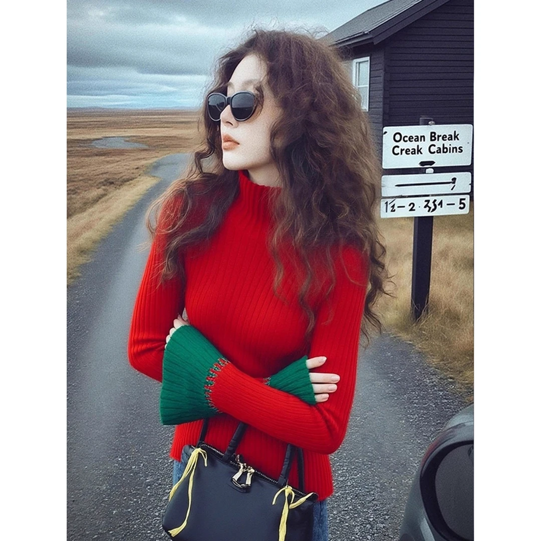 软糯慵懒风红色半高领针织衫女装气质高级感修身显瘦2025秋冬毛衣