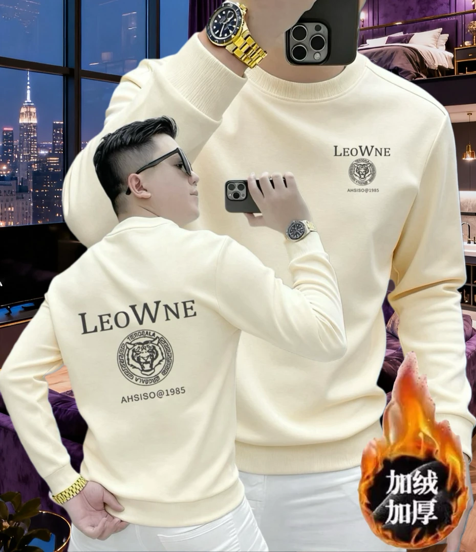 重磅圆领套头卫衣男休闲创意秋冬加绒加厚潮牌个性肩膀字母上衣男