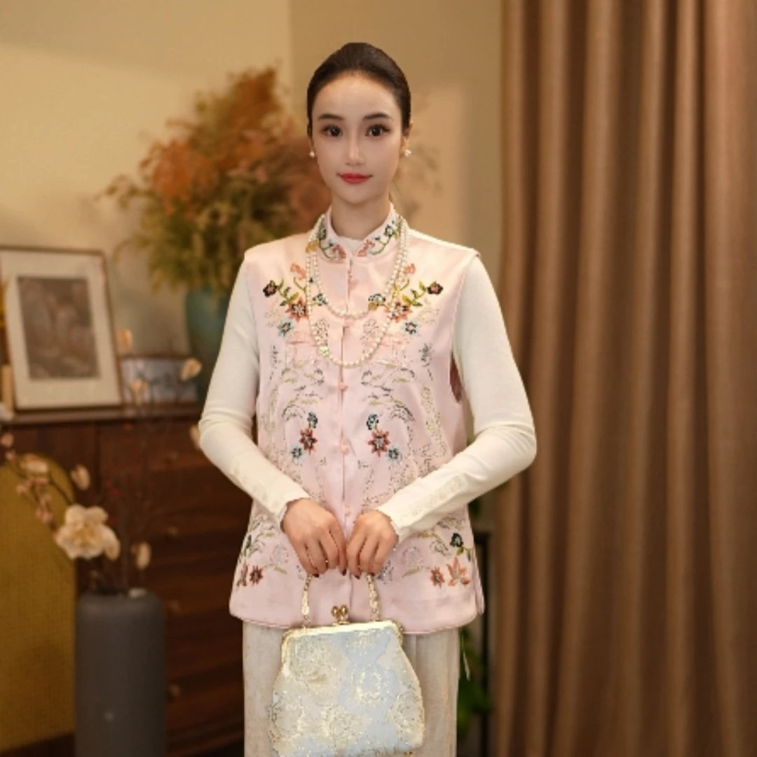 新中式圆领女一粒扣工字型刺绣复古中国风女装绣花马夹HS25814