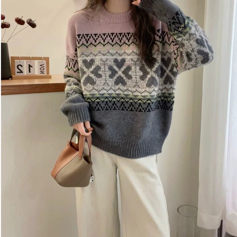 秋冬复古爱心宽松柔软提花保暖圆领针织衫毛衣百搭女士套头831