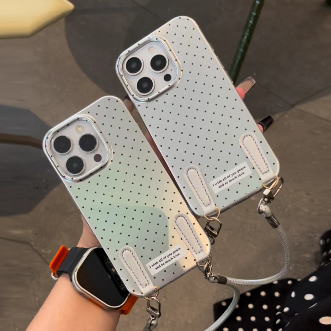 ins风银色底波点手腕带适用iphone16/15手机壳14/13promax简约