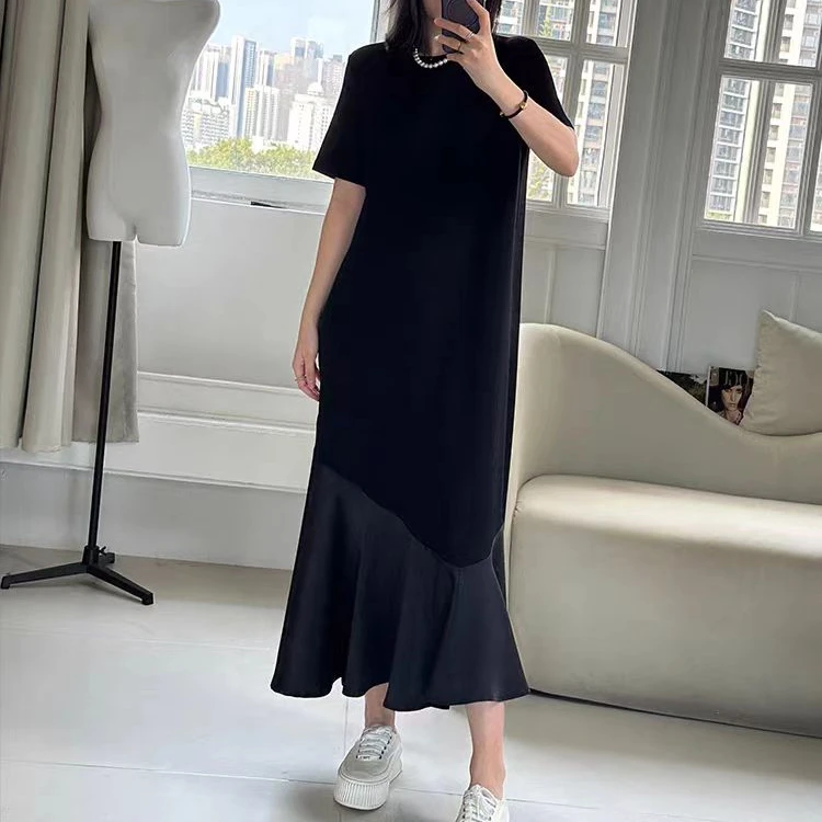 时尚韩版黑色中长款宽松连衣T裙C4454