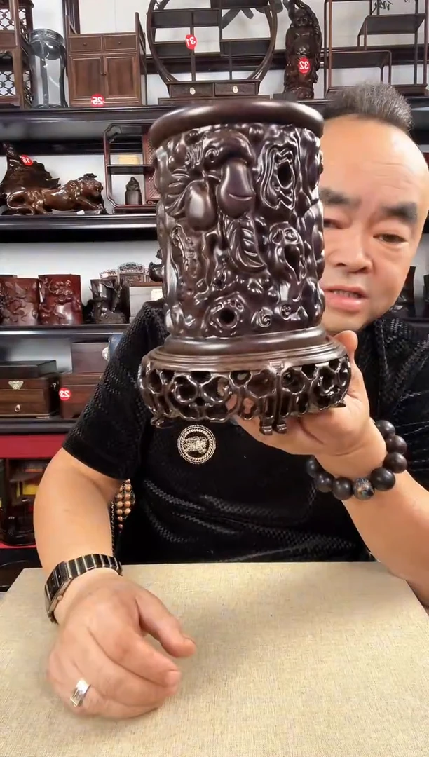 木新款3+寿桃笔筒老李红木工艺品