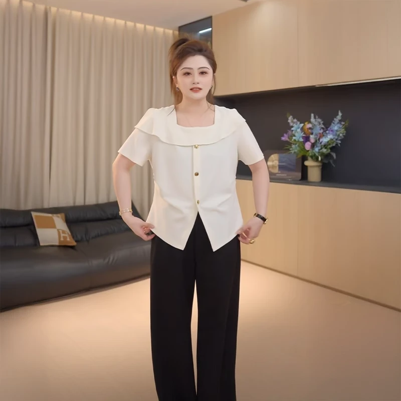 胖佳大码设计感方领气质雪纺衫女夏季胖mm宽松藏肉显瘦短袖衬衫