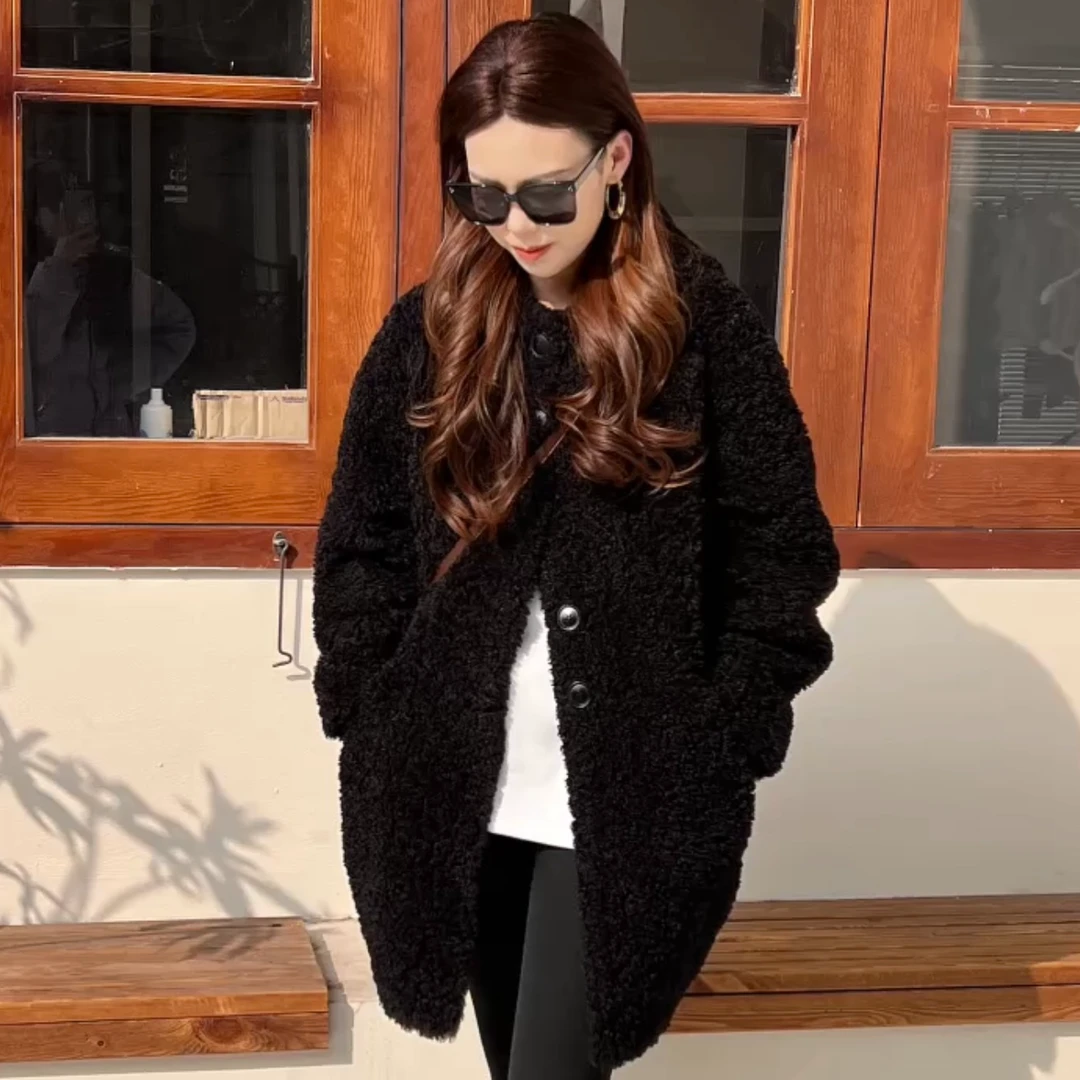 李李【星河部落】冬季时尚海宁毛毛中长款御寒外套连帽保暖休闲百搭