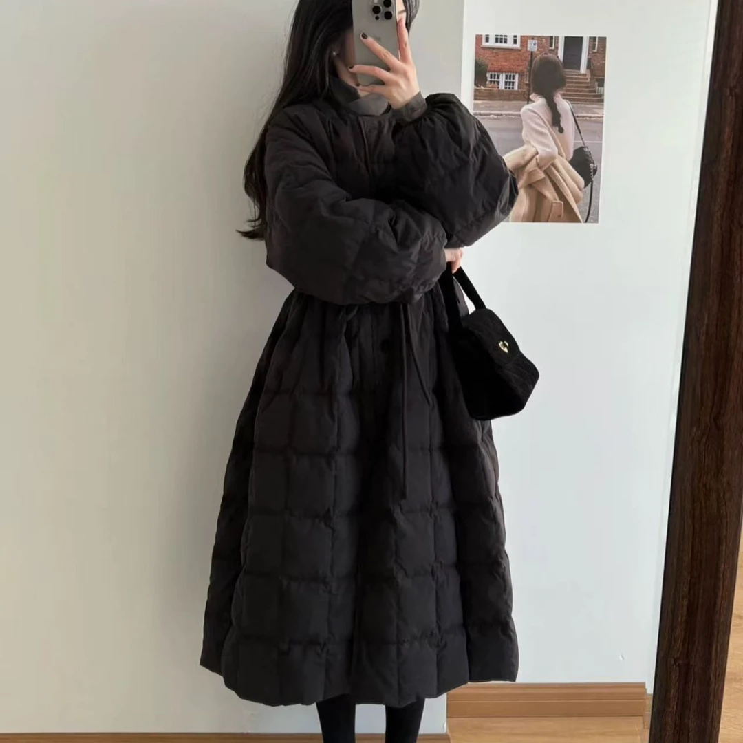 单排扣常规纯色系带过膝棉服宽松时尚黑色百搭过膝