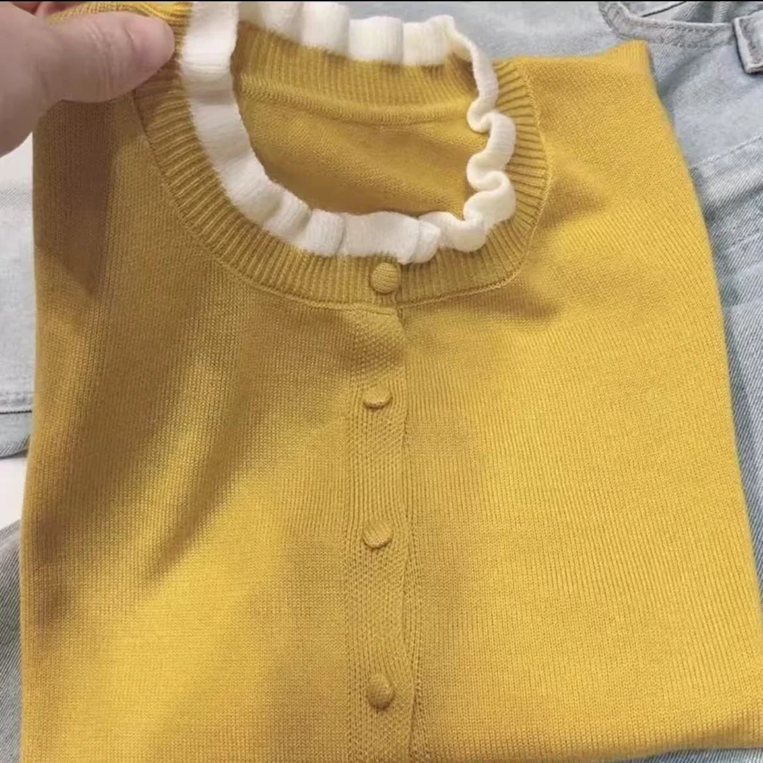 春装新款时尚百搭撞色木耳边圆领软糯亲肤羊毛薄款长袖针织开衫女