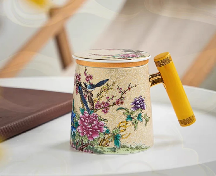 瓷韵优品 掐丝牡丹木柄马克杯三件套办公杯茶水分离杯茶杯-4371