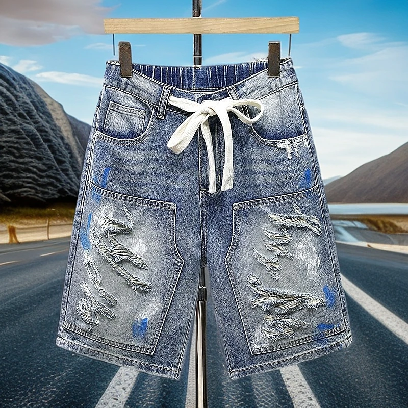 裤子夏季弹力短裤磨白刮烂牛仔裤牛仔裤薄款破洞男士宽松无弹中裤