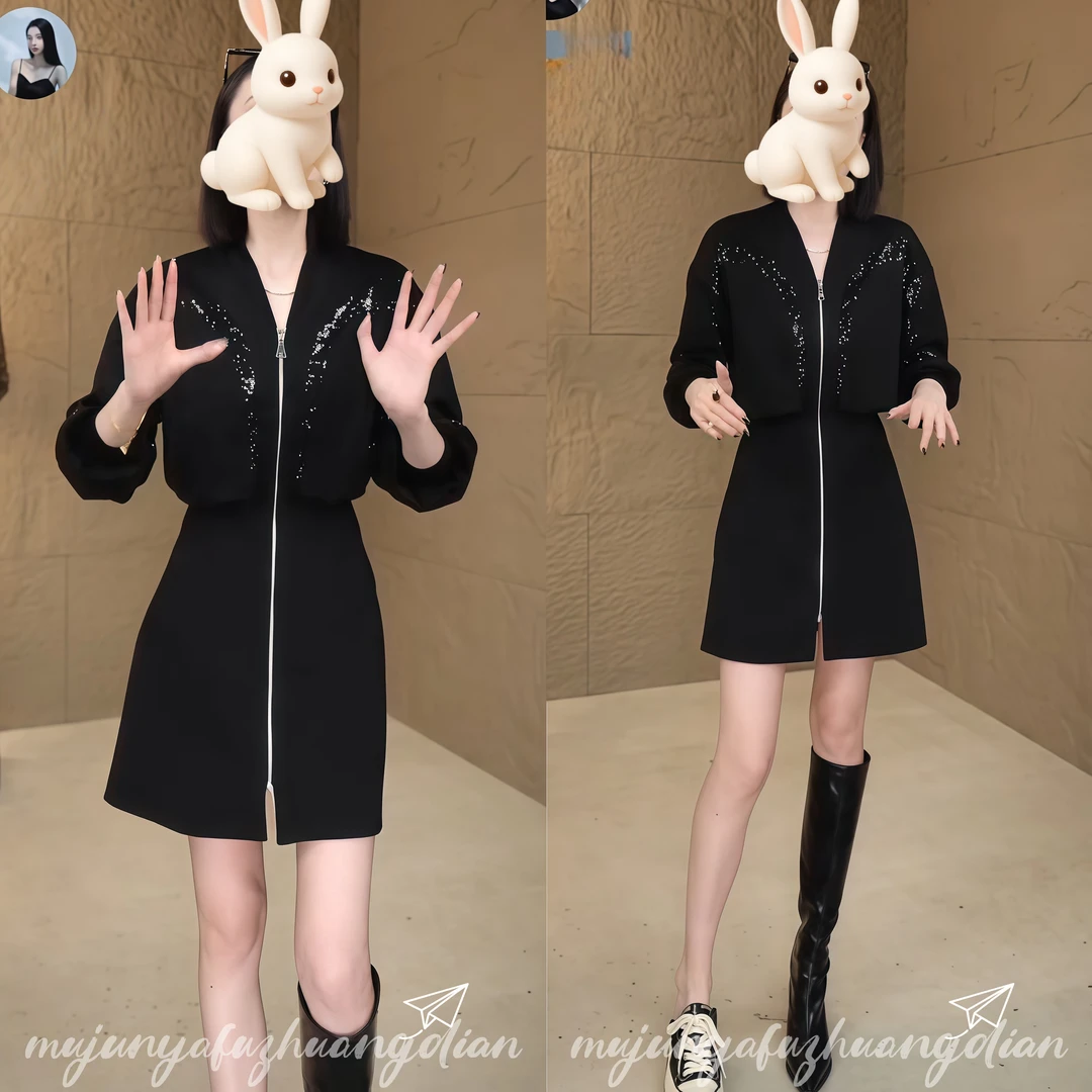 黑色连衣裙女2025春季新款轻奢高级感气质设计感烫钻开叉拉链短裙