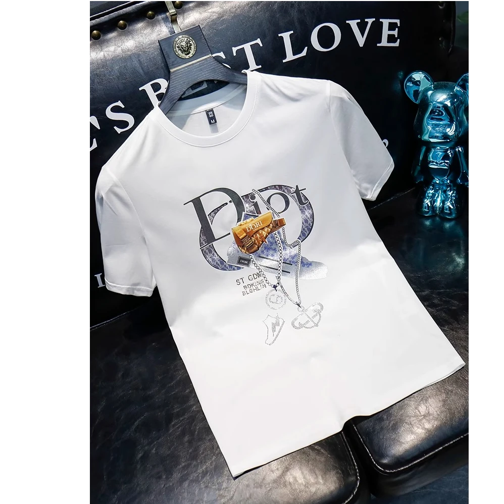 爱若摩根AEROMRGEN男款新款时尚印花烫钻潮牌修身半袖男