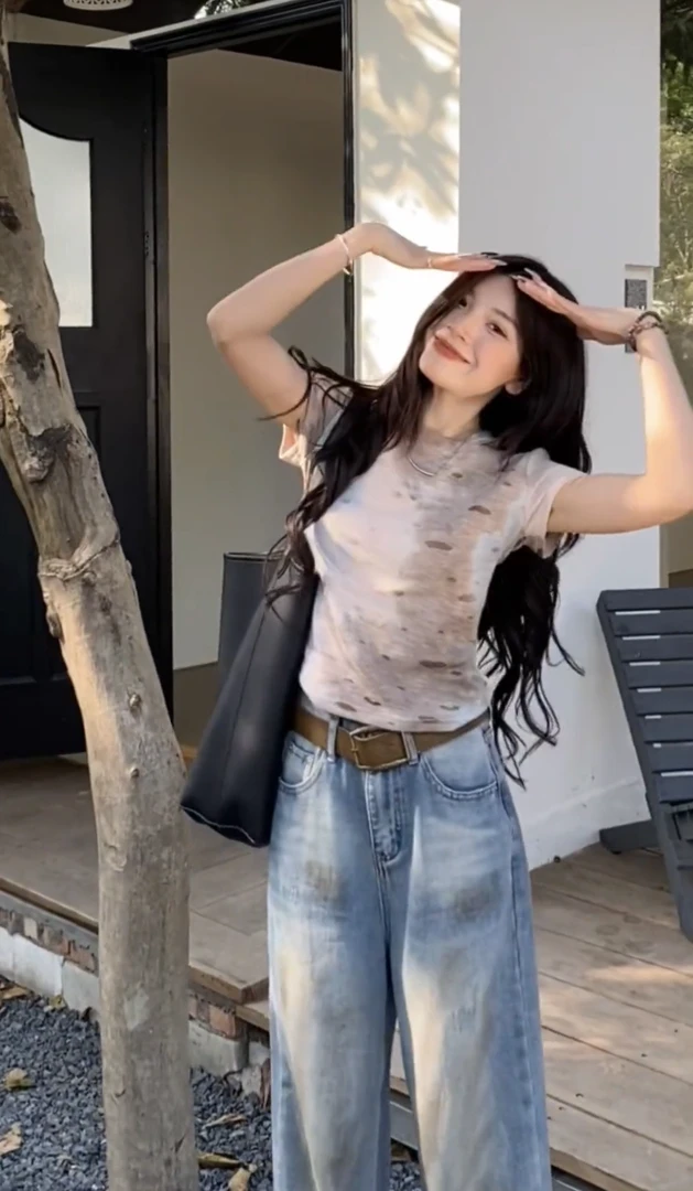 ins2025春夏新款时髦休闲百搭撞色渐变圆领辣妹短款短袖T恤上衣女