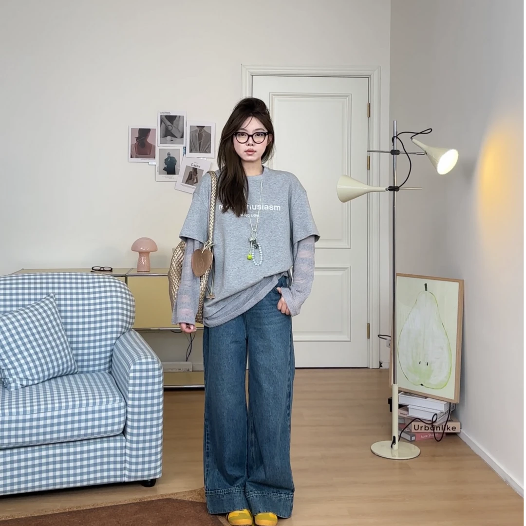 晶咕晶咕【漫游】时尚复古百搭圆领设计感宽松休闲假两件上衣