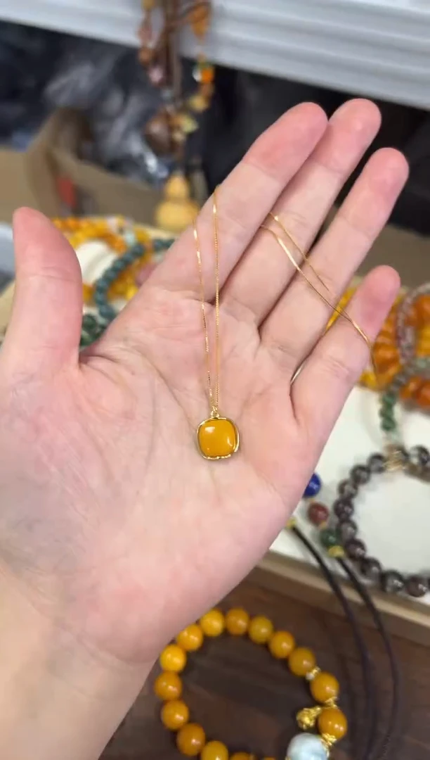 银S925镶嵌项链蜜蜡蜜蜡方块银吊坠项链[1438]