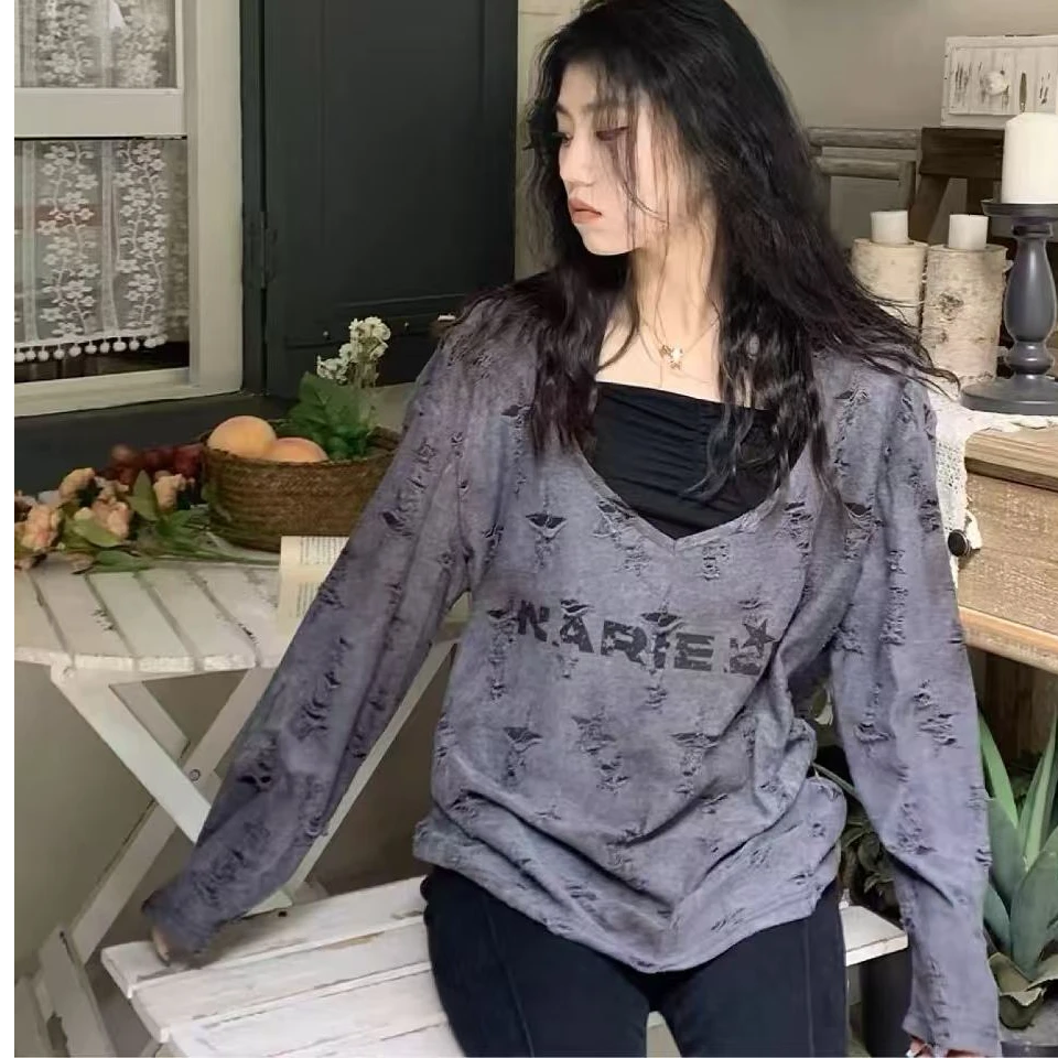 卡卡推荐·纯欲辣妹绑带挂脖长袖上衣早春新款吊带T恤两件套98009