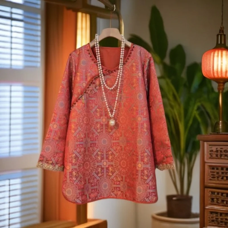 妍旭定制大码《八达晕纹》东方典雅新中式国风盘扣上衣衬衫
