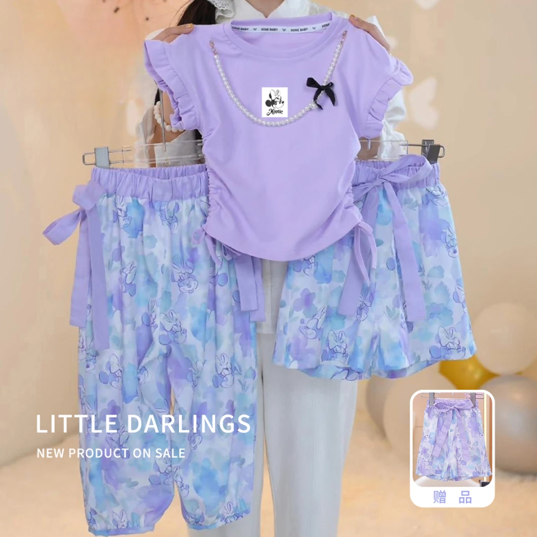 女童夏季儿童套装洋气无袖棉T恤紫色时尚蝴蝶结休闲裤子