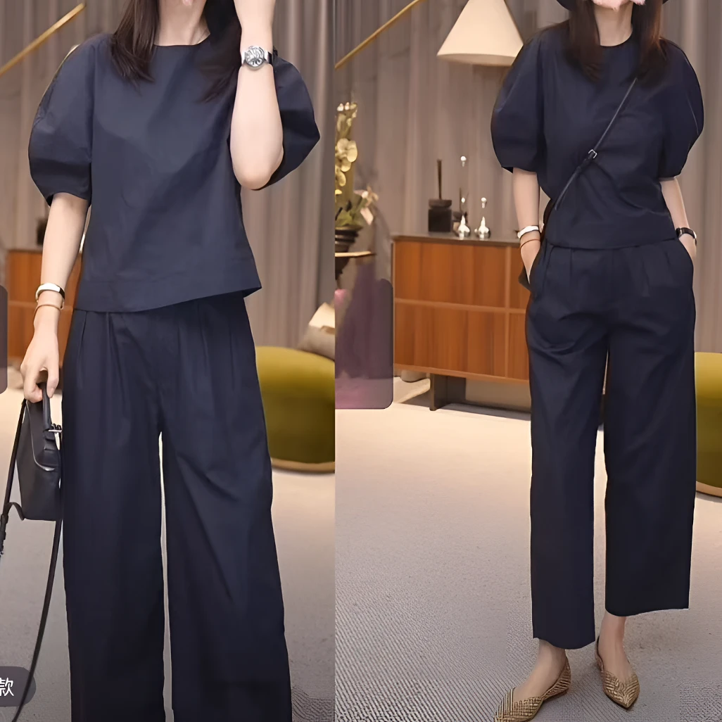 灯笼袖休闲小衫夏季小众设计感圆领加时尚休闲九分裤气质显瘦裤女