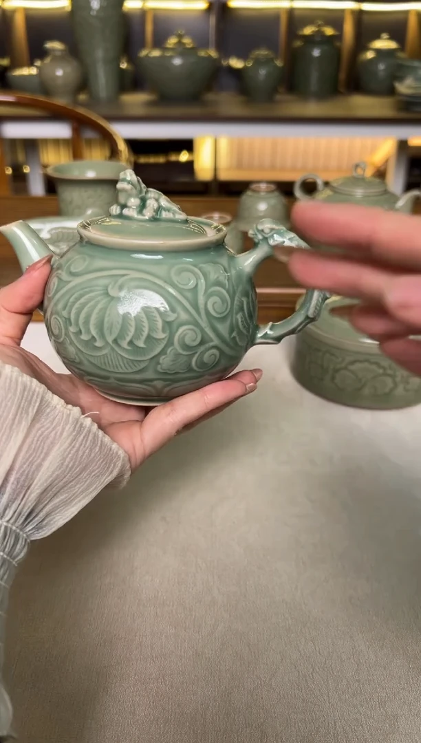 陶瓷耀州窑青釉缠枝牡丹三王茶壶微瑕特价