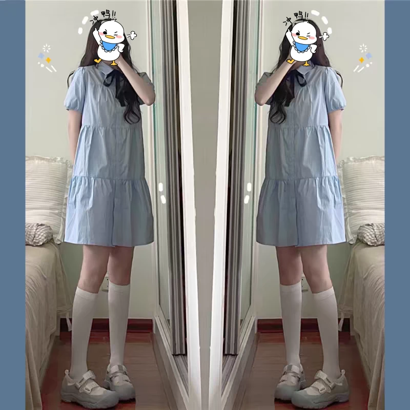 大码夏季连衣裙女泡泡袖蓝色衬衫娃娃裙2663#