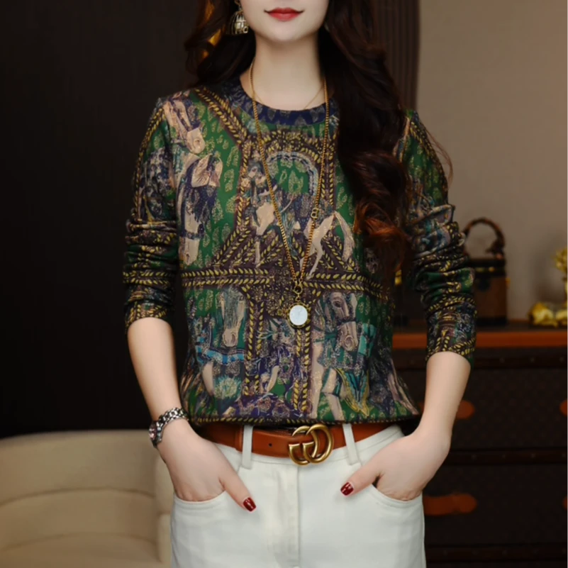 【南油艳美人】伦敦大道新款印花时尚修身百搭圆领打底衫121301