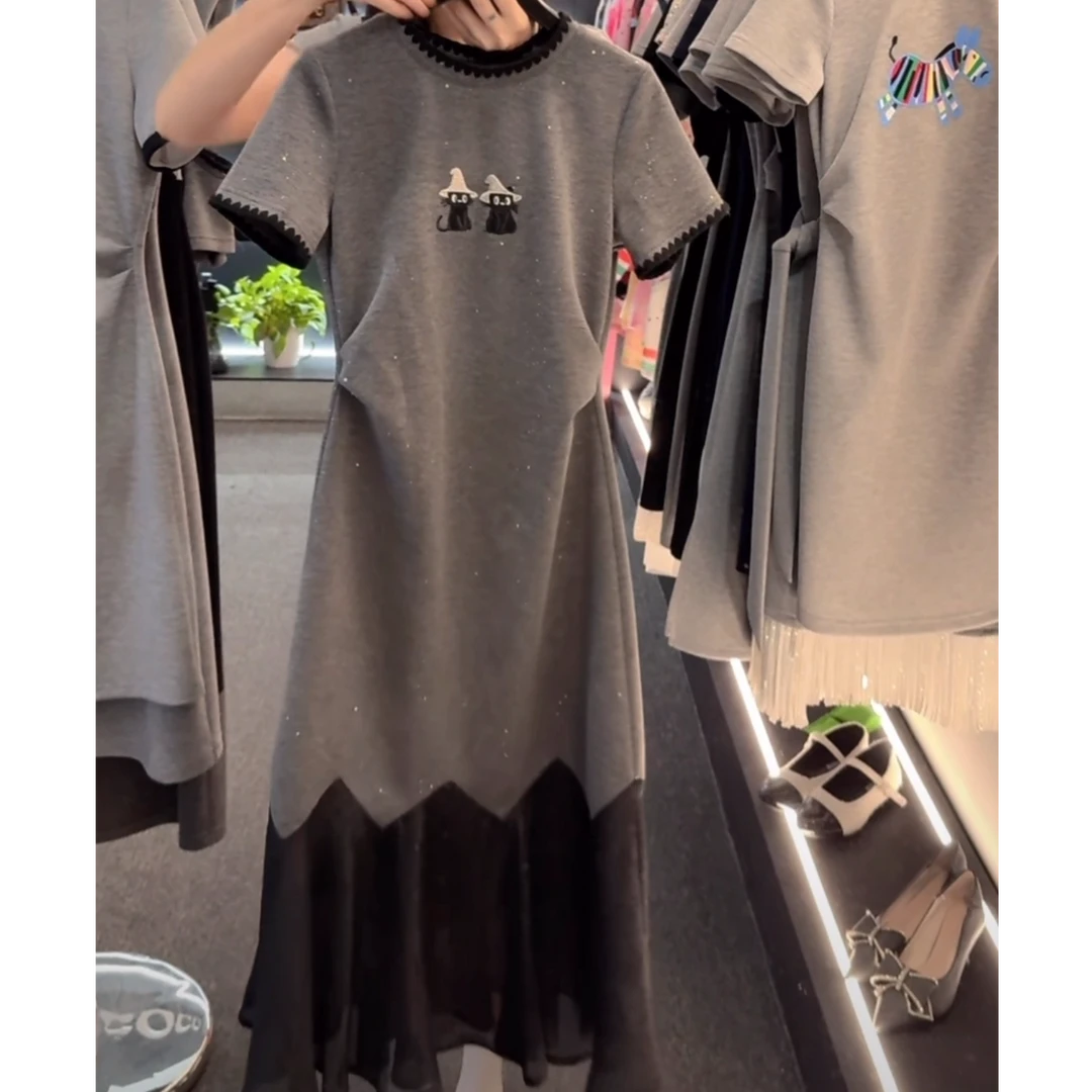 时尚设计感重工亮钻女装2025夏季新款拼接褶皱收腰显瘦气质连衣裙