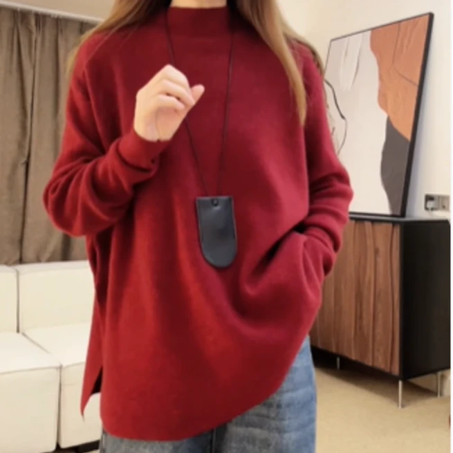 开叉半高领大码显瘦百搭高级慵懒风上衣显瘦舒适韩版针织宽松毛衣