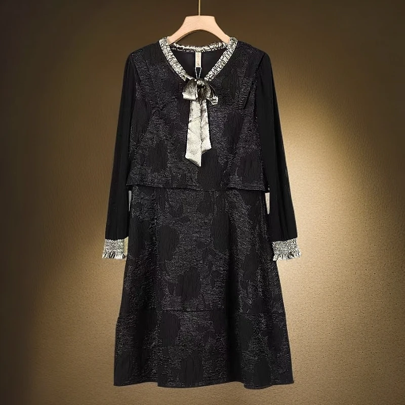 K079蕾丝显瘦气质长袖时尚黑色拼接提花连衣裙H5