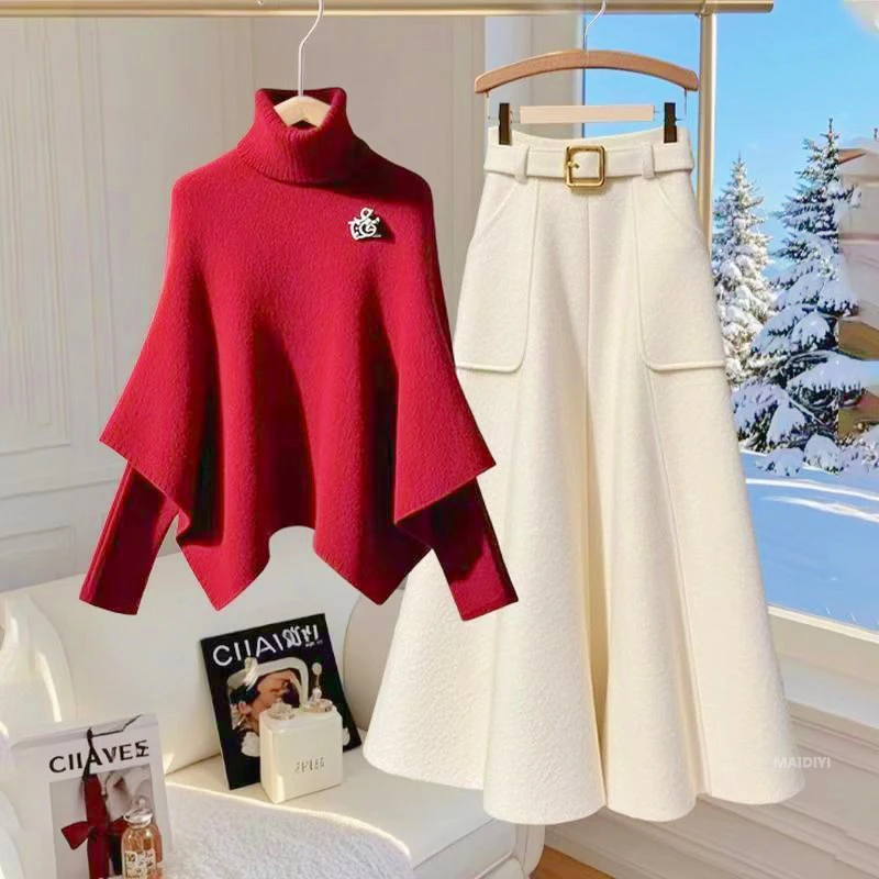 浅浅专属2025新款时尚高级感高领斗篷针织毛衣半身裙两件套装