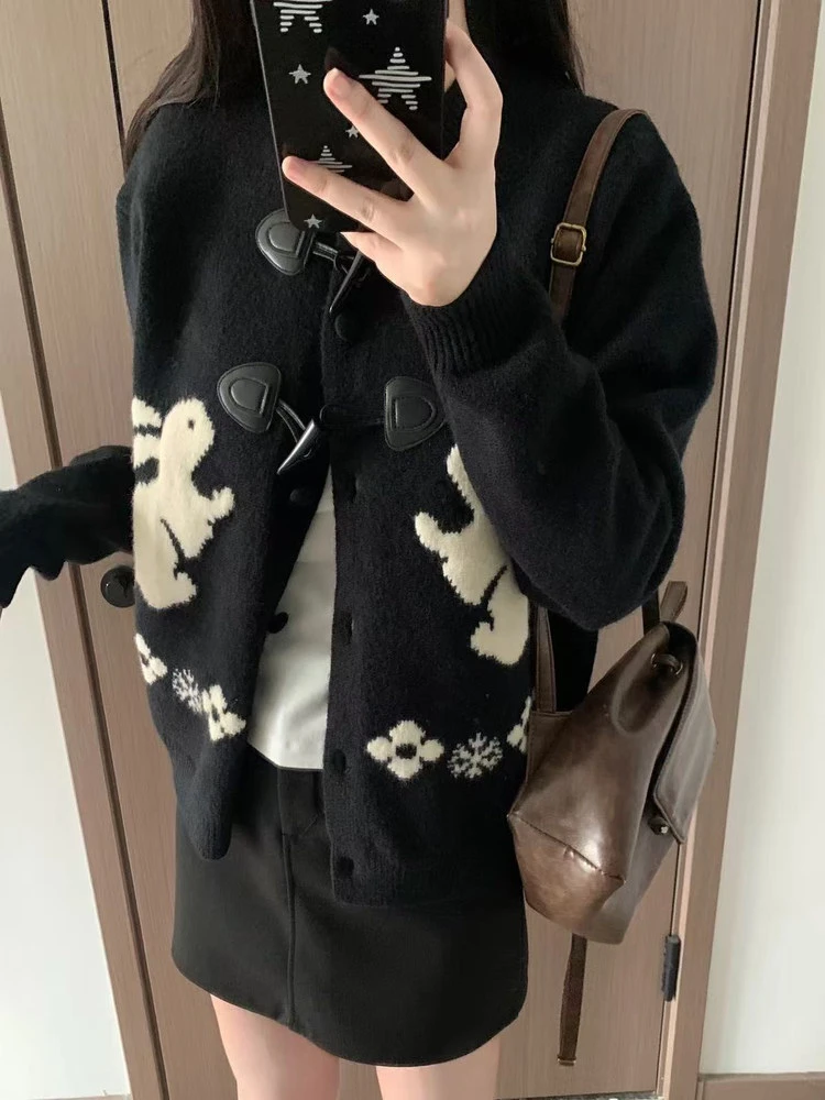 费尔岛慵懒风牛角扣兔子提花开衫外套毛衣女秋冬季宽松针织衫上衣