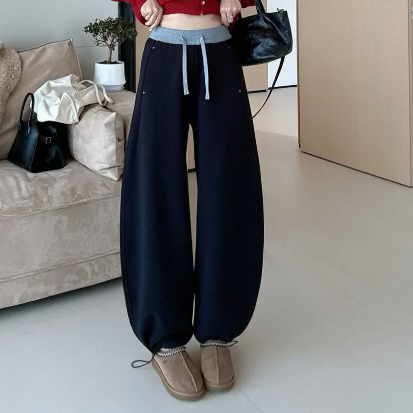 设计感加绒加厚撞色腰阔腿裤女秋冬洋气拖地裤长裤宽松弯刀香蕉裤