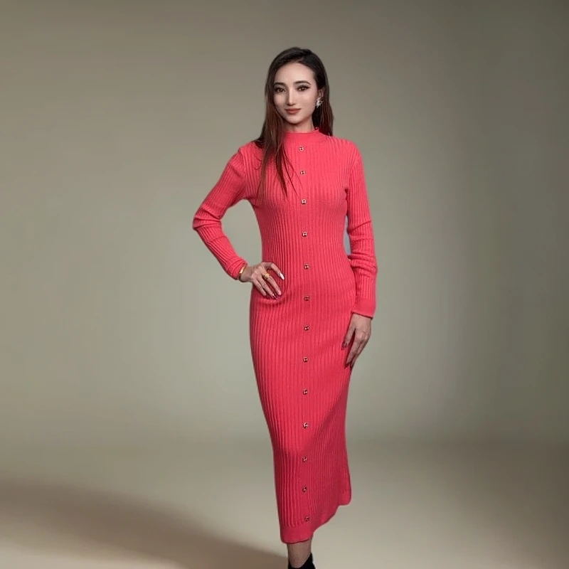 【2233】2025年新款连衣裙气质长袖针织时尚中长款修身显瘦收腰