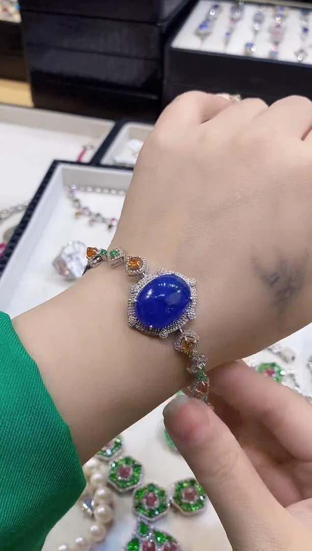 银S925镶嵌手链坦桑石楚楚珠宝中古甄选不退换