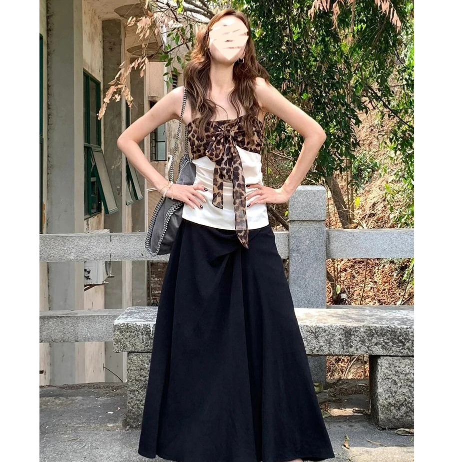 设计感豹纹拼接抹胸背心夏季辣妹风气质绑带上衣女