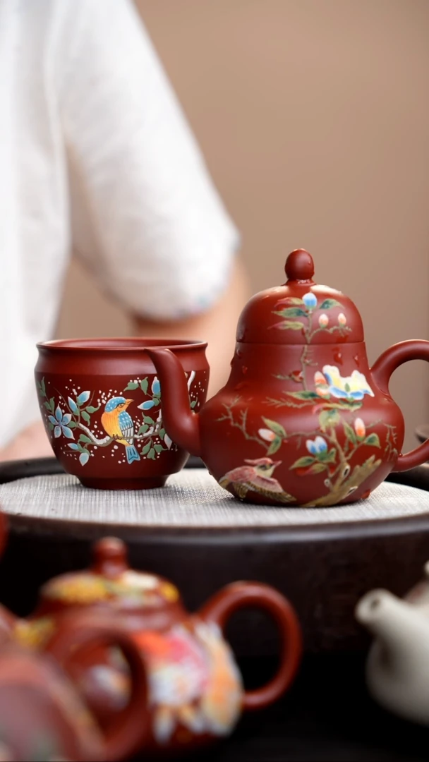 茶壶紫砂朱泥思婷泥绘飞鸟+杯