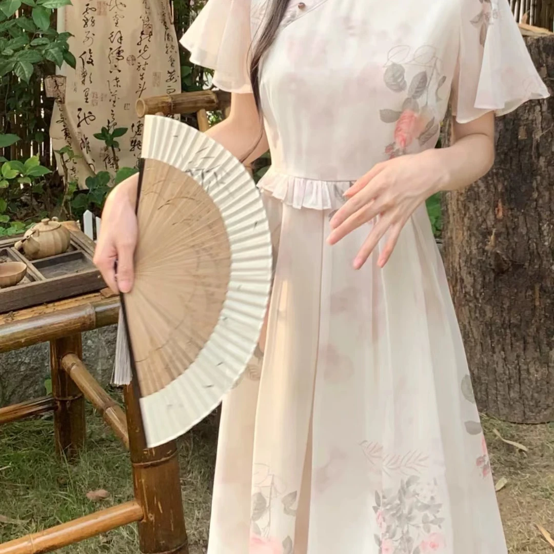 微胖大码夏季短袖水墨晕染新中式连衣裙气质改良旗袍国风过膝长裙