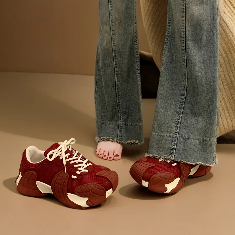 三福厚底增高老爹鞋女丑萌休闲鞋2025秋季新款欧货网面百搭运动鞋