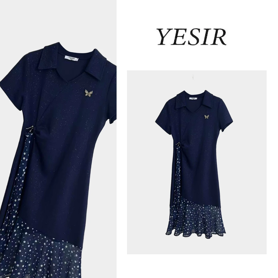 Q25143时尚翻领波点拼接收腰连衣裙