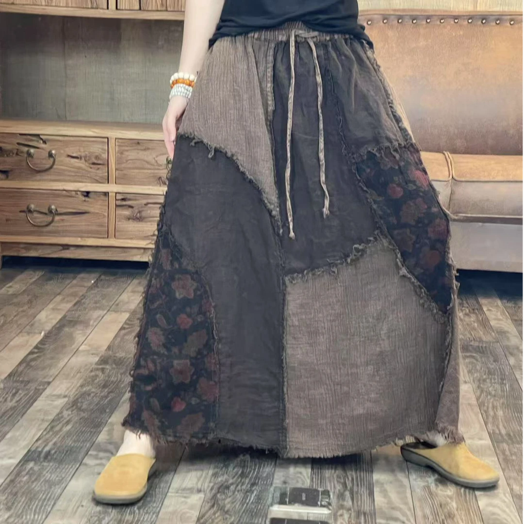 F6729春季麻料炒色做旧拼花休闲女士半身裙(长83裙摆104)