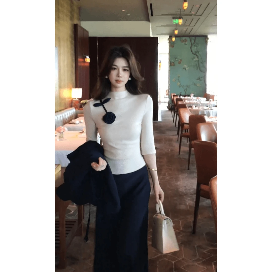 千金清冷感贵系衣服半长袖打底衫女早秋显瘦上衣高腰显瘦半身裙