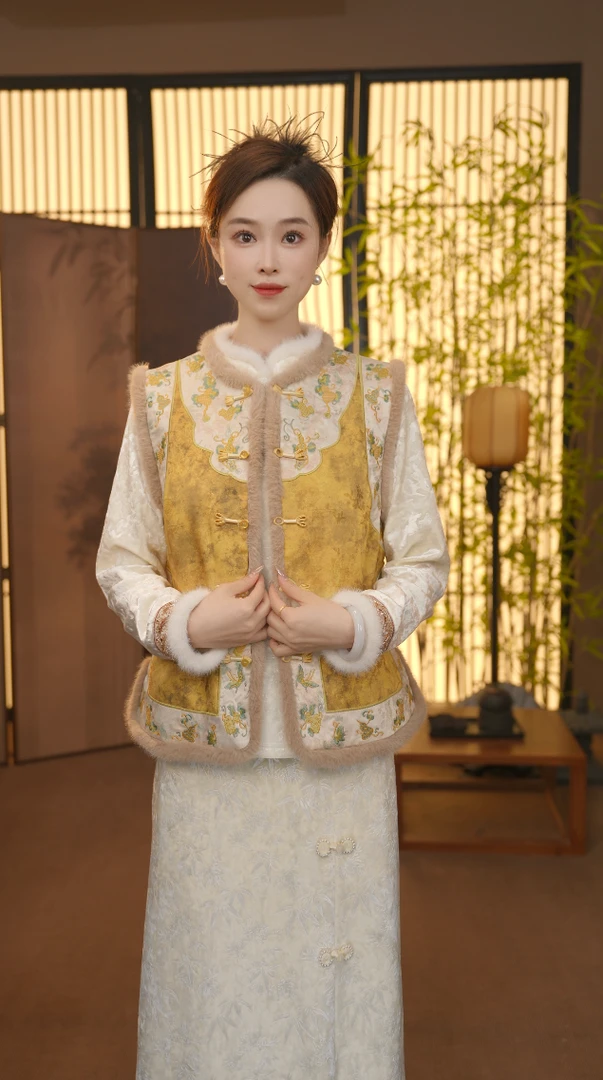 CJ【尾声】秋冬季水貂毛新款中国风百搭立领复古锦绣马甲FB251162