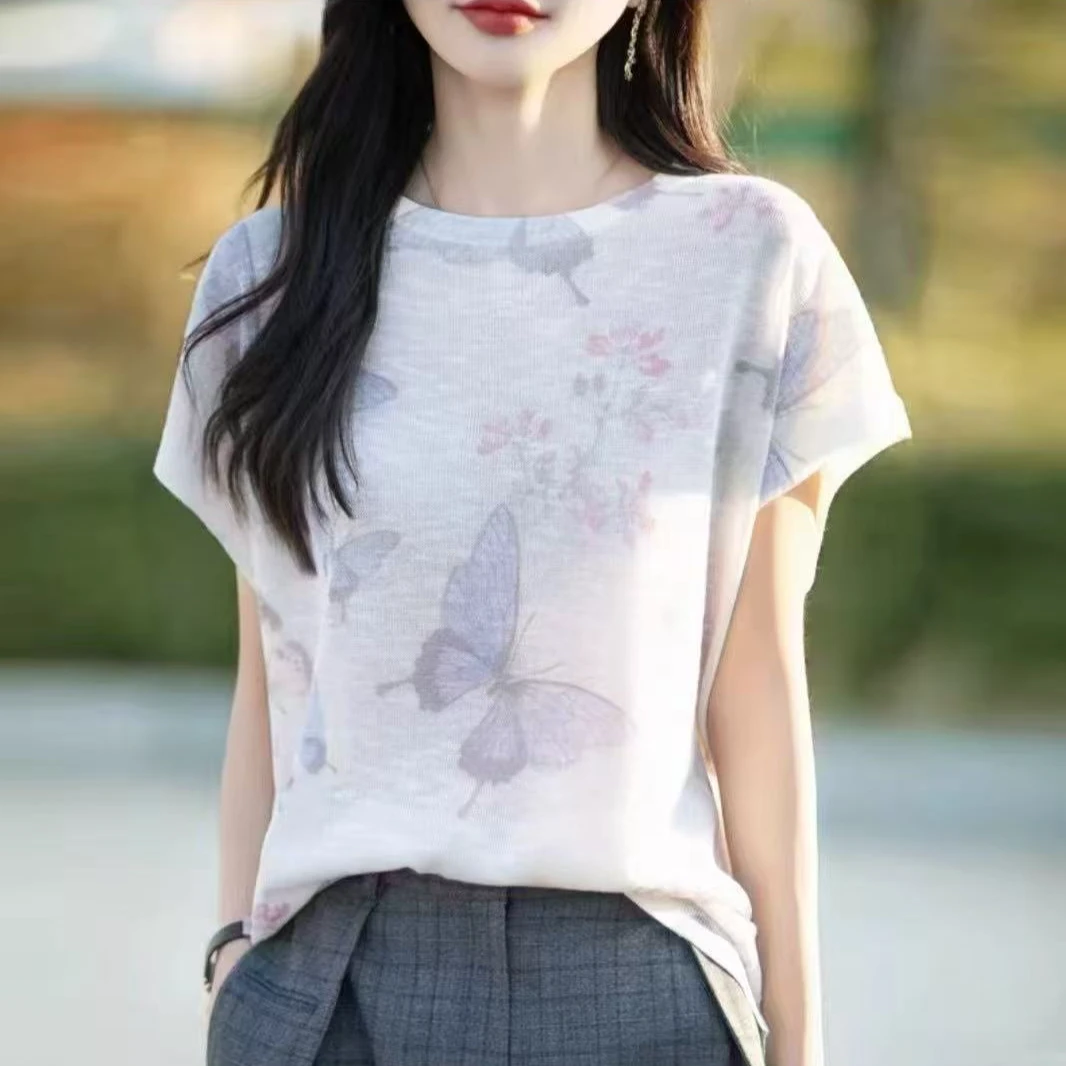 【蝴蝶花】莱赛尔针织短袖女圆领涂鸦艺术小众上衣79962